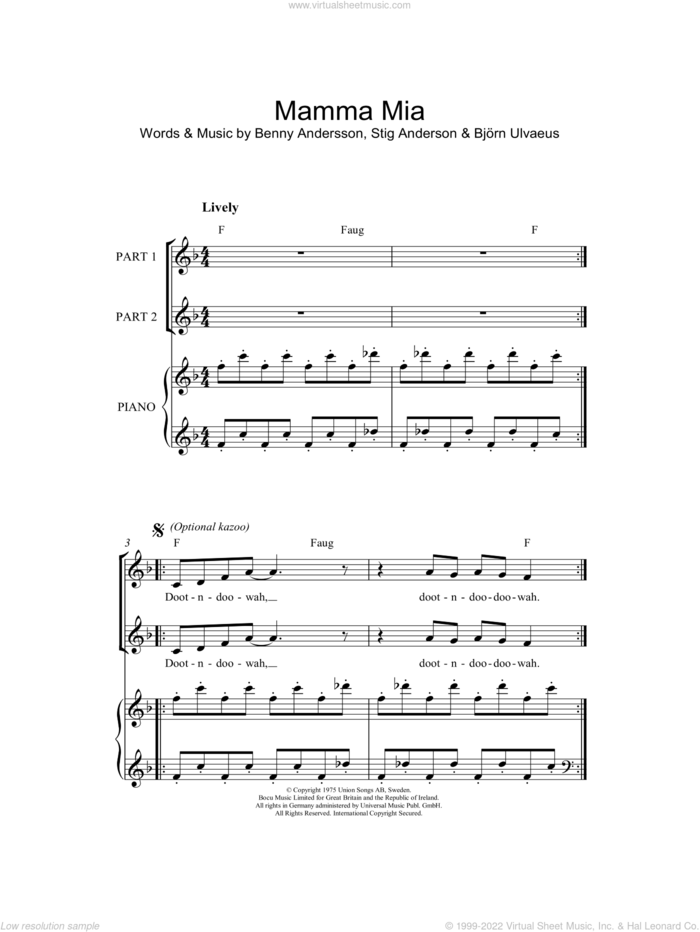 Mamma Mia (arr. Rick Hein) sheet music for choir (2-Part) by ABBA, Rick Hein, Benny Andersson, Bjorn Ulvaeus, Miscellaneous and Stig Anderson, intermediate duet