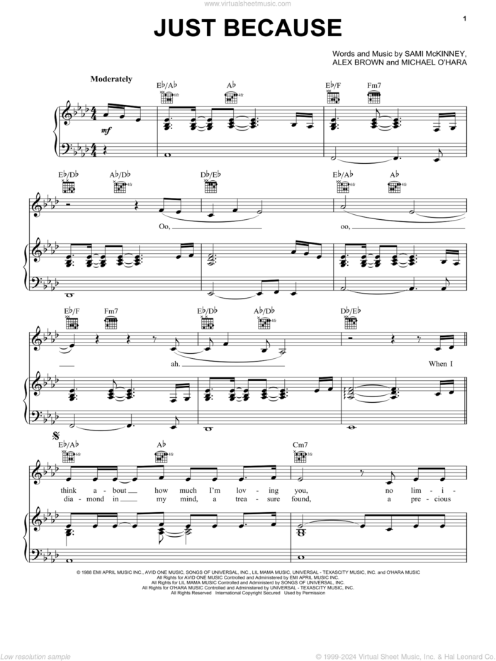 Just Because sheet music for voice, piano or guitar by Anita Baker, Alex Brown and Sami McKinney, intermediate skill level