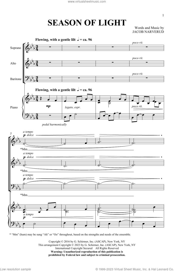 Season Of Light sheet music for choir (SAB: soprano, alto, bass) by Jacob Narverud, intermediate skill level