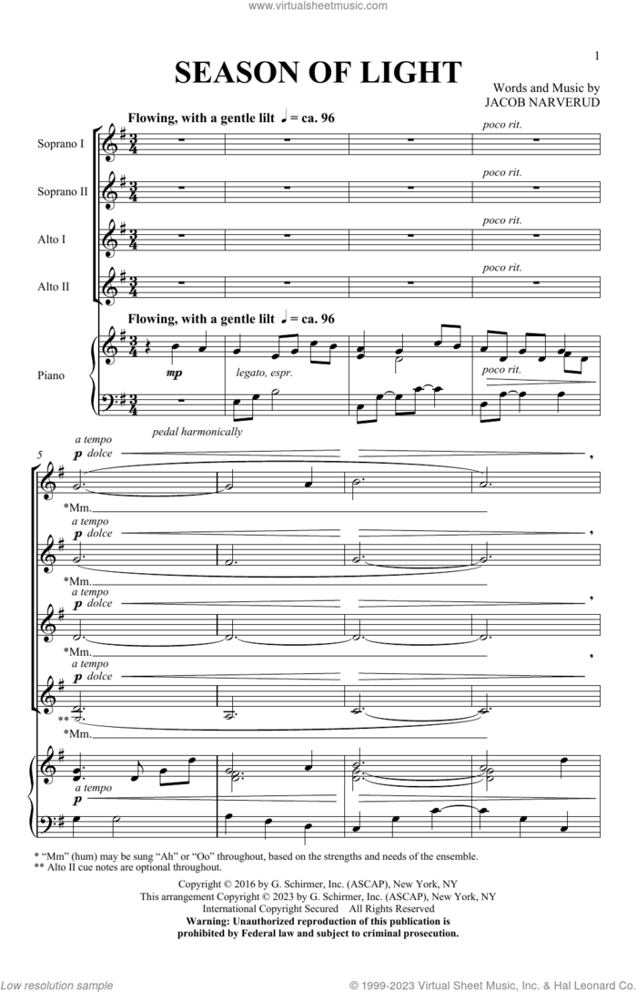 Season Of Light sheet music for choir (SSAA: soprano, alto) by Jacob Narverud, intermediate skill level
