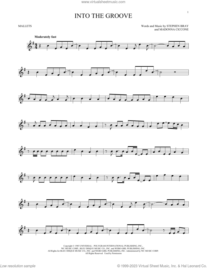 Into The Groove sheet music for mallet solo (Percussion) by Madonna and Stephen Bray, intermediate mallet (Percussion)