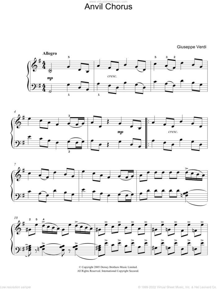 Anvil Chorus (from Il Trovatore) sheet music for piano solo by Giuseppe Verdi, classical score, easy skill level