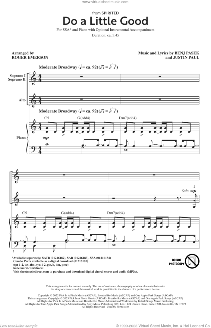 Do A Little Good (from Spirited) (arr. Roger Emerson) sheet music for choir (SSA: soprano, alto) by Pasek & Paul, Roger Emerson, Benj Pasek and Justin Paul, intermediate skill level