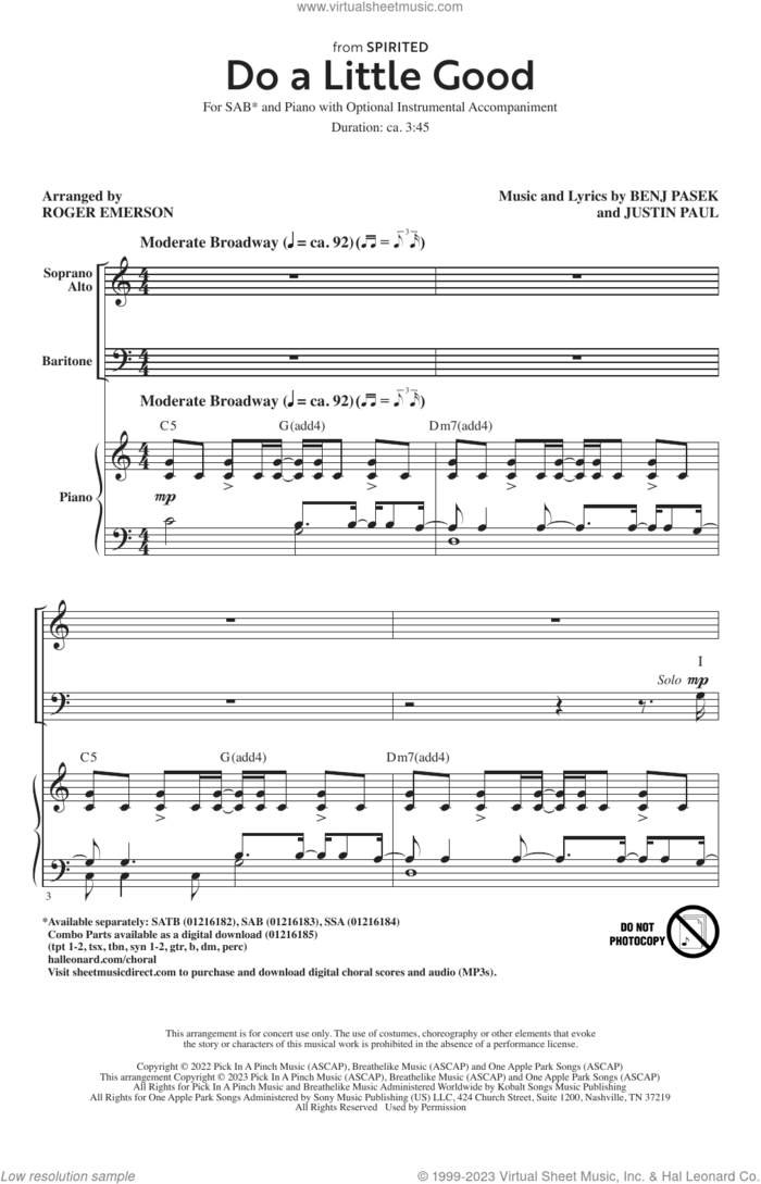 Do A Little Good (from Spirited) (arr. Roger Emerson) sheet music for choir (SAB: soprano, alto, bass) by Benj Pasek, Roger Emerson, Justin Paul and Pasek & Paul, intermediate skill level