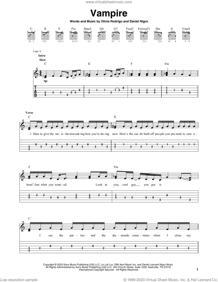 vampire sheet music for guitar solo (easy tablature) by Olivia Rodrigo and Daniel Nigro, easy guitar (easy tablature)