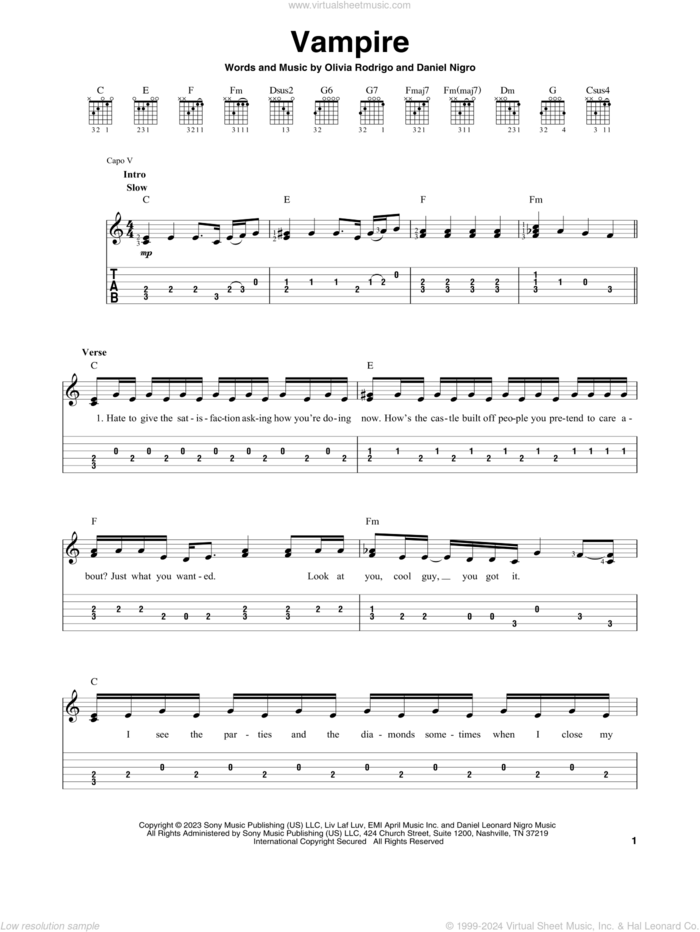 vampire sheet music for guitar solo (easy tablature) by Olivia Rodrigo and Daniel Nigro, easy guitar (easy tablature)