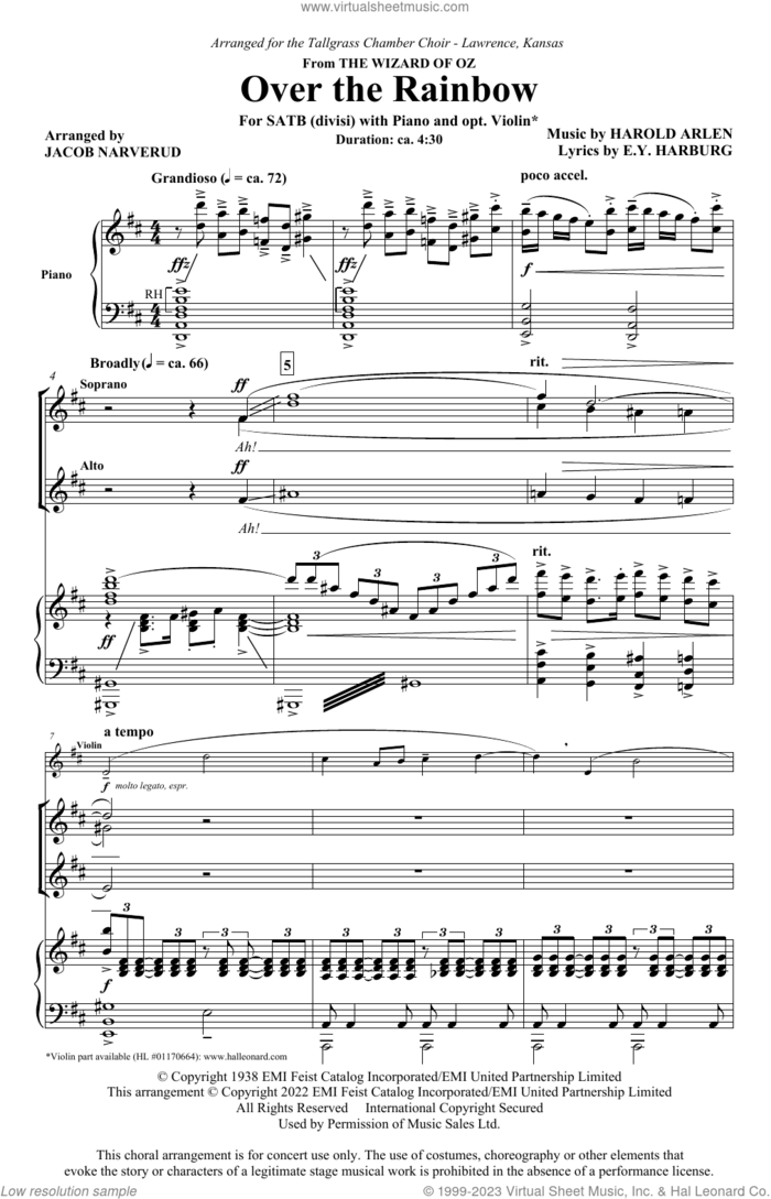 Over The Rainbow (arr. Jacob Narverud) sheet music for choir (SATB Divisi) by Harold Arlen, Jacob Narverud, Judy Garland, E.Y. Harburg and Harold Arlen & E.Y. Harburg, intermediate skill level