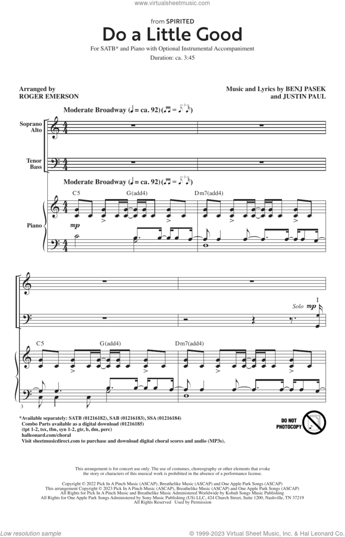 Do A Little Good (from Spirited) (arr. Roger Emerson) sheet music for choir (SATB: soprano, alto, tenor, bass) by Pasek & Paul, Roger Emerson, Benj Pasek and Justin Paul, intermediate skill level