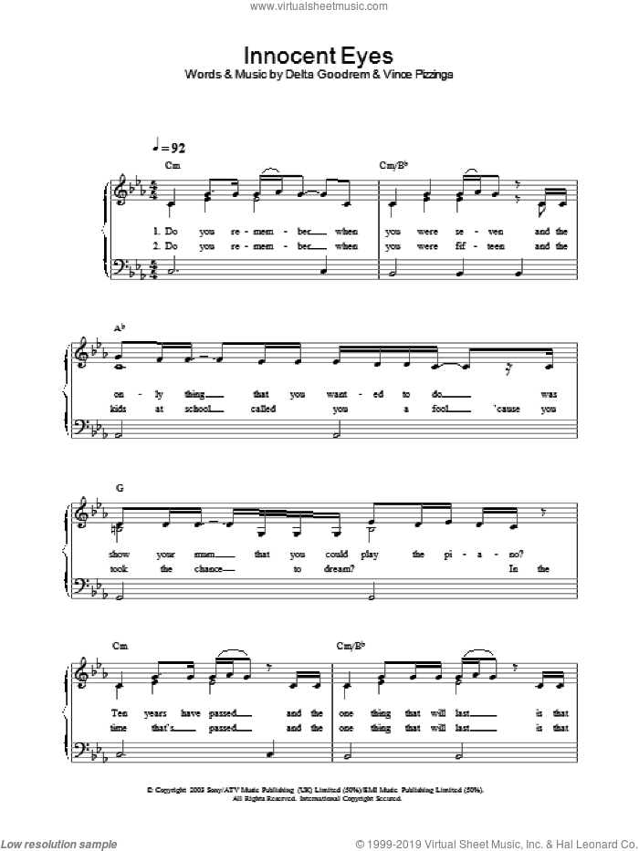 Innocent Eyes sheet music for piano solo by Delta Goodrem, intermediate skill level