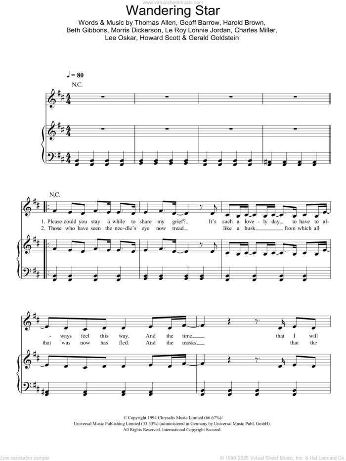 Wandering Star sheet music for voice, piano or guitar by Portishead, Beth Gibbons, Charles Miller, Geoff Barrow, Gerald Goldstein, Harold Brown, Howard Scott, Le Roy Lonnie Jordan, Lee Oskar, Morris Dickerson and Thomas Allen, intermediate skill level