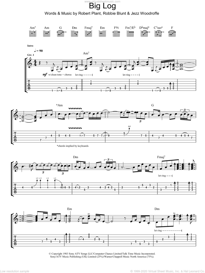 Big Log sheet music for guitar (tablature) by Robert Plant, Jezz Woodroffe and Robbie Blunt, intermediate skill level