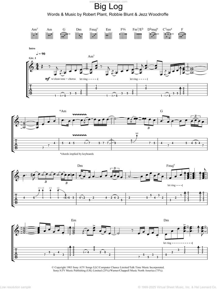 Big Log sheet music for guitar (tablature) by Robert Plant, Jezz Woodroffe and Robbie Blunt, intermediate skill level