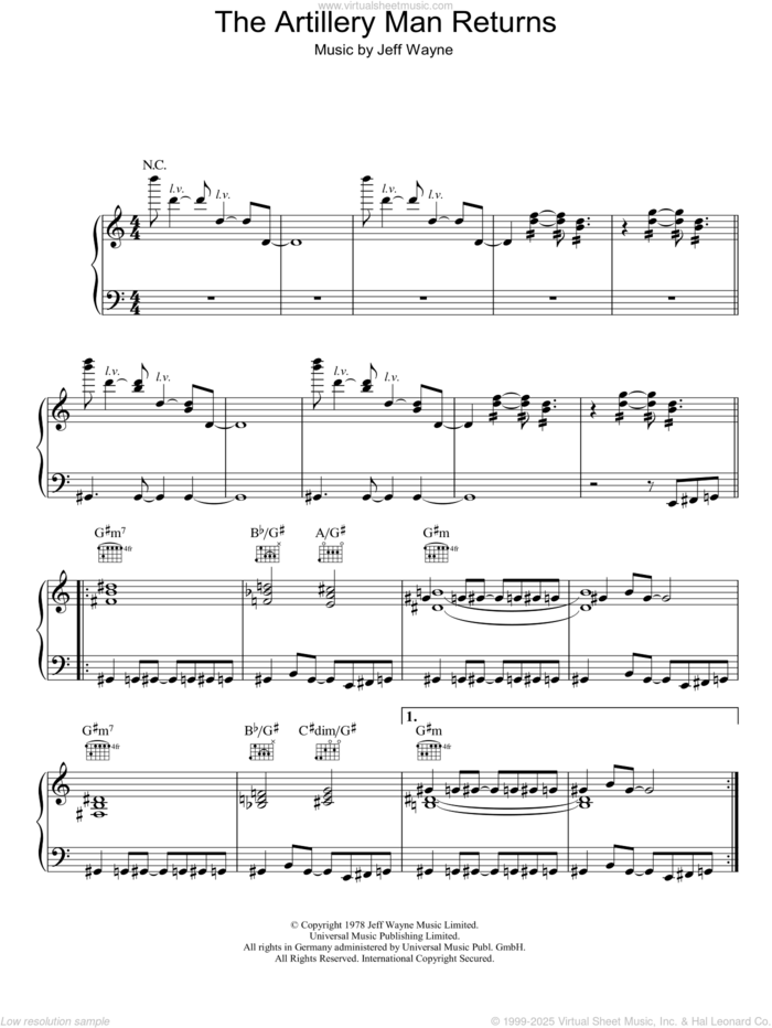 The Artilleryman Returns (from War Of The Worlds) sheet music for voice, piano or guitar by Jeff Wayne, intermediate skill level