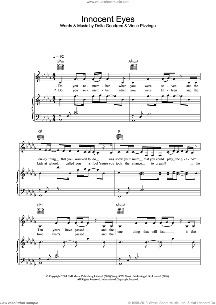 Innocent Eyes sheet music for voice, piano or guitar by Delta Goodrem and Vince Pizzinga, intermediate skill level