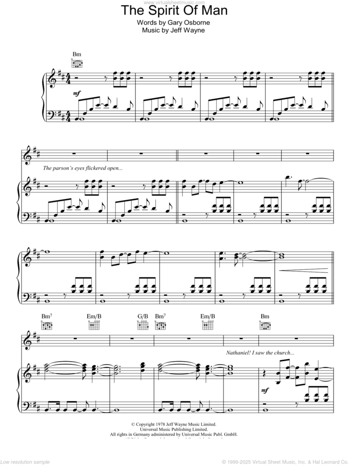 The Spirit Of Man (from War Of The Worlds) sheet music for voice, piano or guitar by Jeff Wayne and Gary Osborne, intermediate skill level