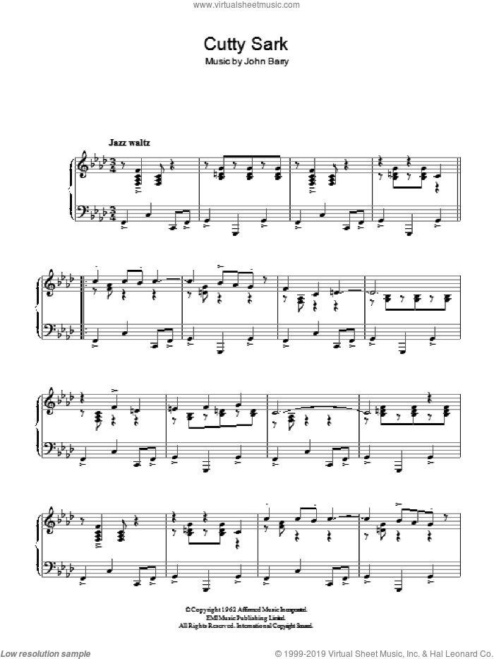 Cutty Sark sheet music for piano solo by The John Barry Seven and John Barry, intermediate skill level