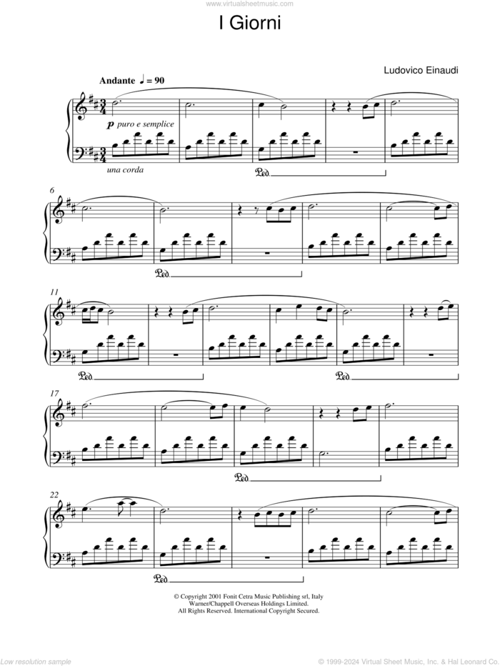 I Giorni sheet music for piano solo by Ludovico Einaudi, classical score, intermediate skill level