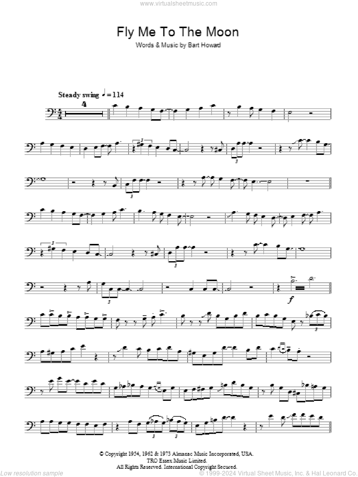 Fly Me To The Moon (In Other Words) sheet music for trombone solo by Julie London, Frank Sinatra and Bart Howard, wedding score, intermediate skill level