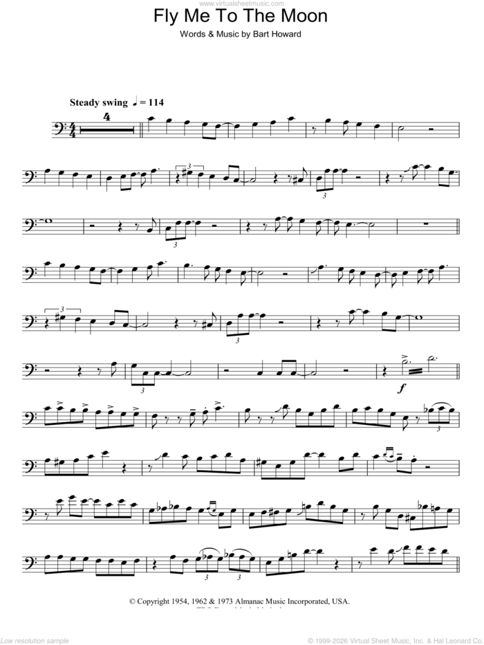 Fly Me To The Moon (In Other Words) sheet music for trombone solo by Julie London, Frank Sinatra and Bart Howard, wedding score, intermediate skill level