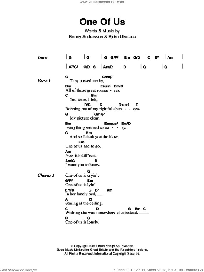 One Of Us sheet music for guitar (chords) by ABBA and Benny Andersson, intermediate skill level