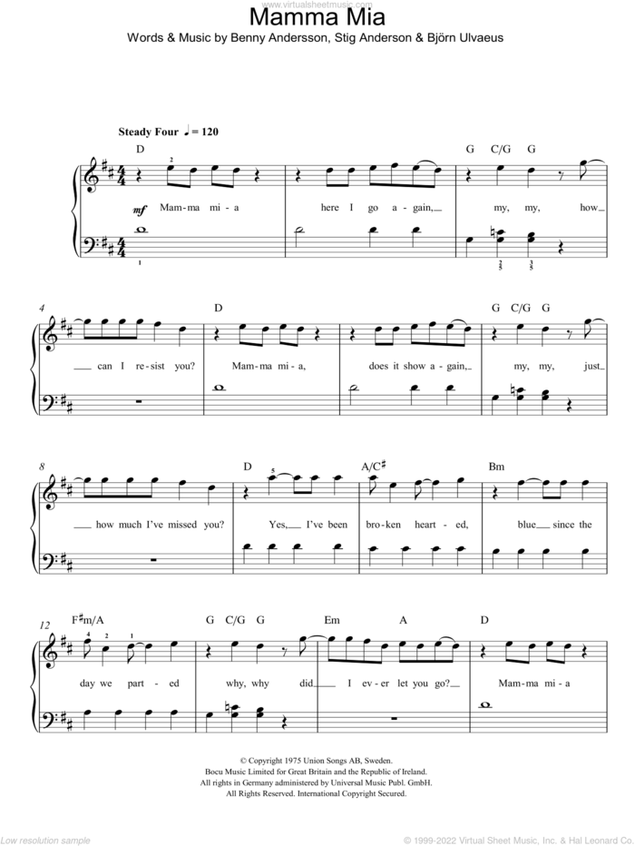 Mamma Mia sheet music for piano solo by ABBA, Benny Andersson, Bjorn Ulvaeus, Miscellaneous and Stig Anderson, easy skill level