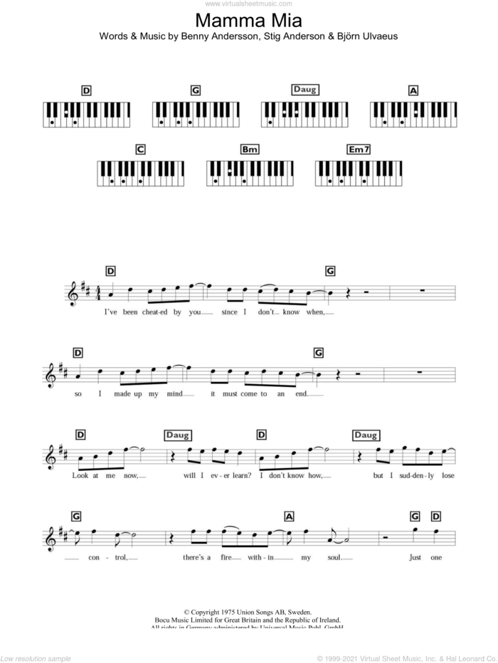 Mamma Mia sheet music for piano solo (chords, lyrics, melody) by ABBA, Benny Andersson and Stig Anderson, intermediate piano (chords, lyrics, melody)