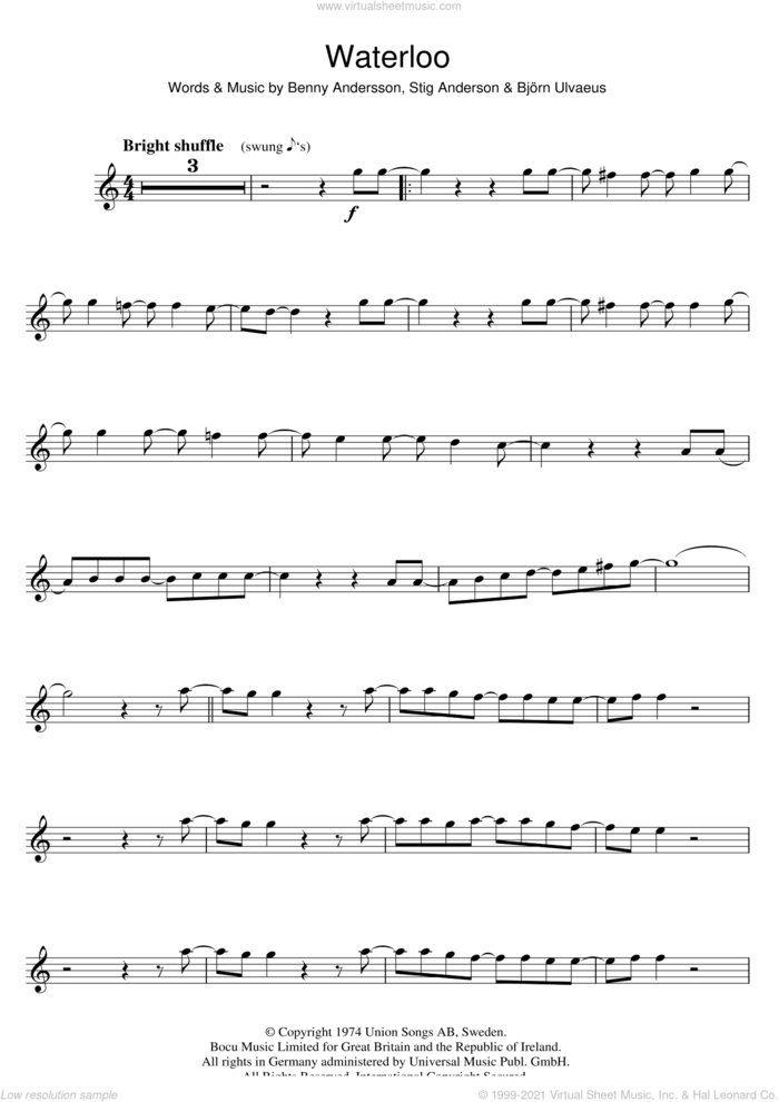 Waterloo sheet music for flute solo by ABBA, Benny Andersson, Bjorn Ulvaeus and Stig Anderson, intermediate skill level