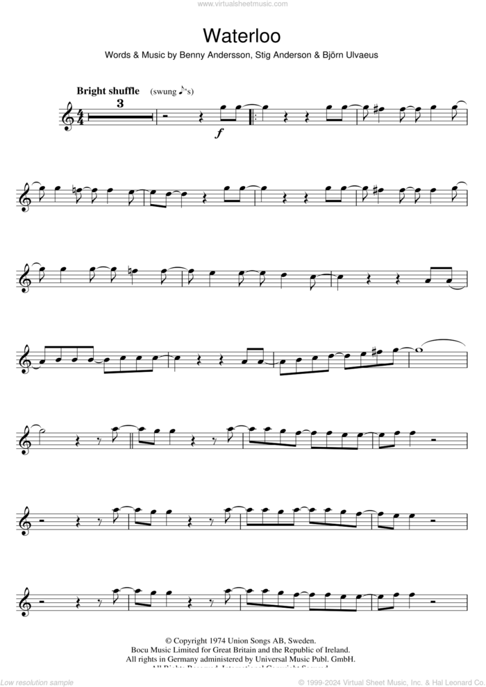 Waterloo sheet music for flute solo by ABBA, Benny Andersson, Bjorn Ulvaeus and Stig Anderson, intermediate skill level