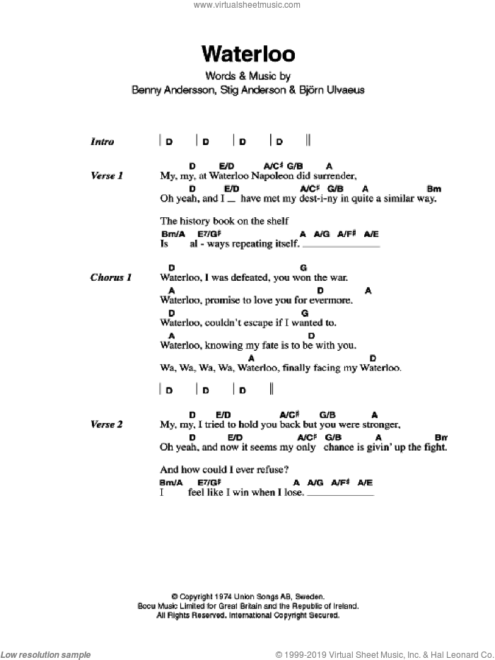 Waterloo sheet music for guitar (chords) by ABBA, Benny Andersson and Stig Anderson, intermediate skill level