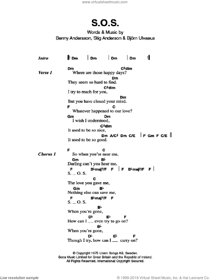 S.O.S. sheet music for guitar (chords) by ABBA, Benny Andersson and Stig Anderson, intermediate skill level