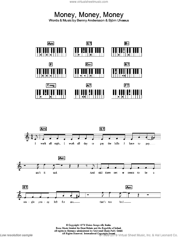 Money, Money, Money sheet music for piano solo (chords, lyrics, melody) by ABBA, Benny Andersson and Bjorn Ulvaeus, intermediate piano (chords, lyrics, melody)