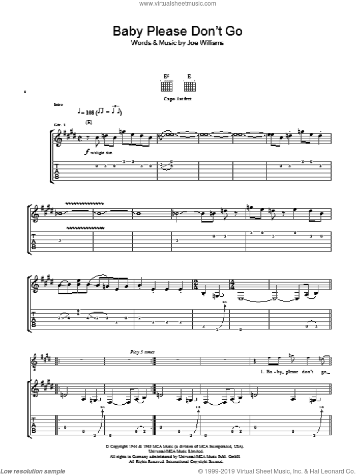 Baby, Please Don't Go sheet music for guitar (tablature) by Them and Joe Williams, intermediate skill level