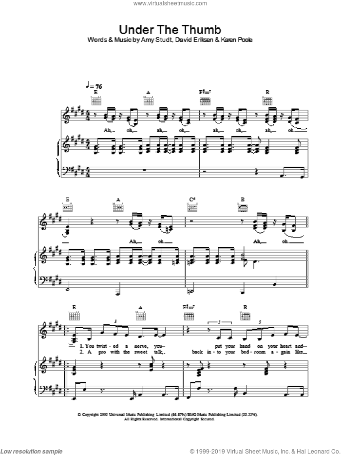 Under The Thumb sheet music for voice, piano or guitar by Amy Studt, intermediate skill level