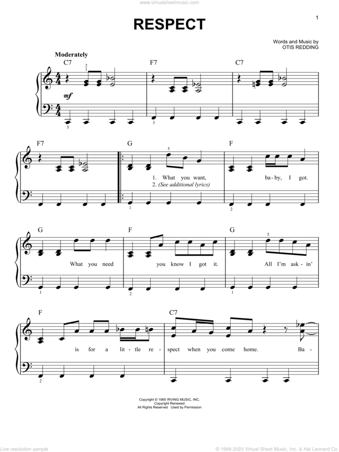 Respect sheet music for piano solo by Aretha Franklin and Otis Redding, easy skill level