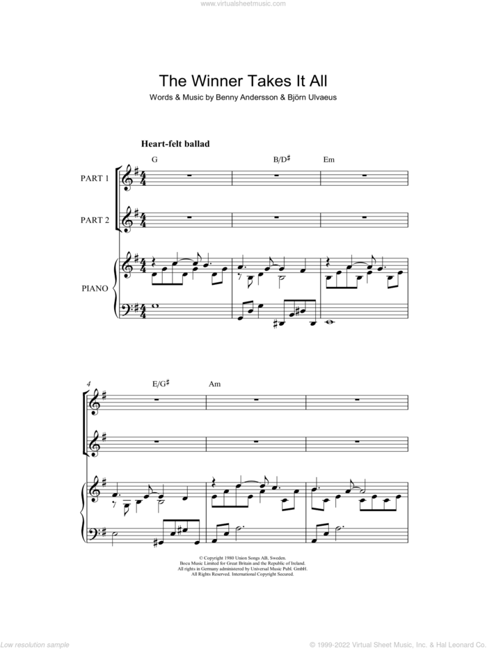 The Winner Takes It All (arr. Rick Hein) sheet music for choir (2-Part) by ABBA, Rick Hein, Benny Andersson, Bjorn Ulvaeus and Miscellaneous, intermediate duet