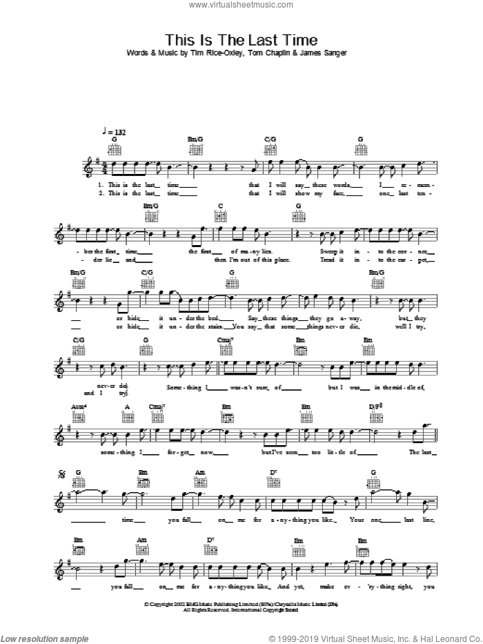 This Is The Last Time sheet music for voice and other instruments (fake book) by Tim Rice-Oxley, intermediate skill level