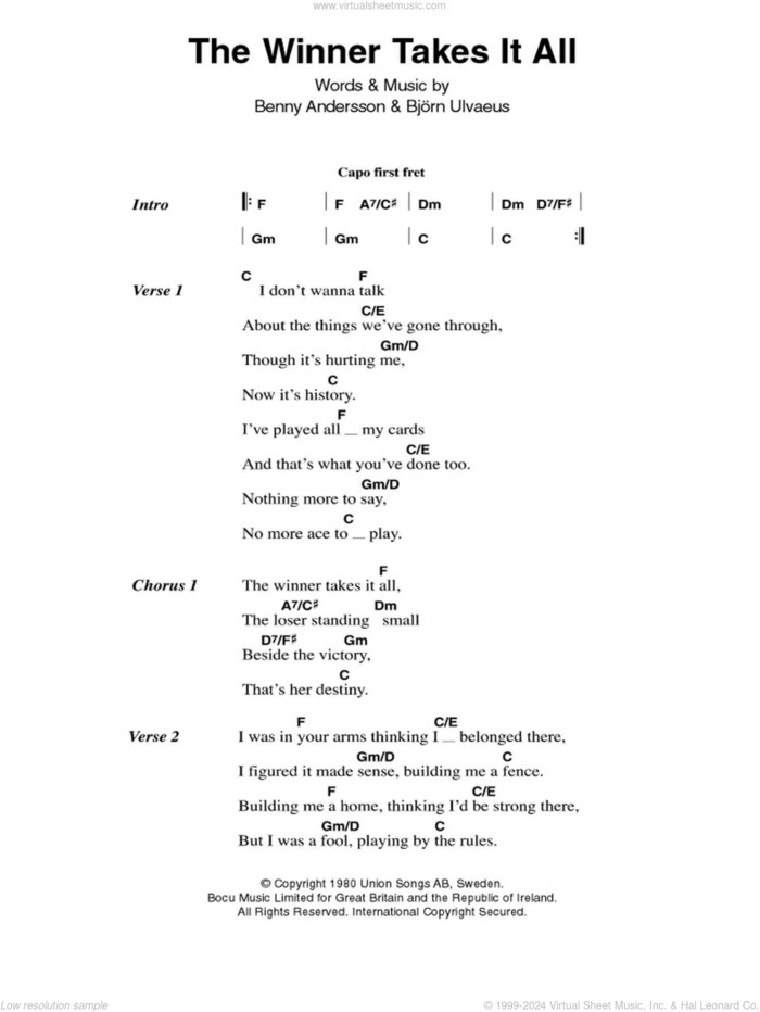 The Winner Takes It All sheet music for guitar (chords) by ABBA, Benny Andersson, Bjorn Ulvaeus and Miscellaneous, intermediate skill level