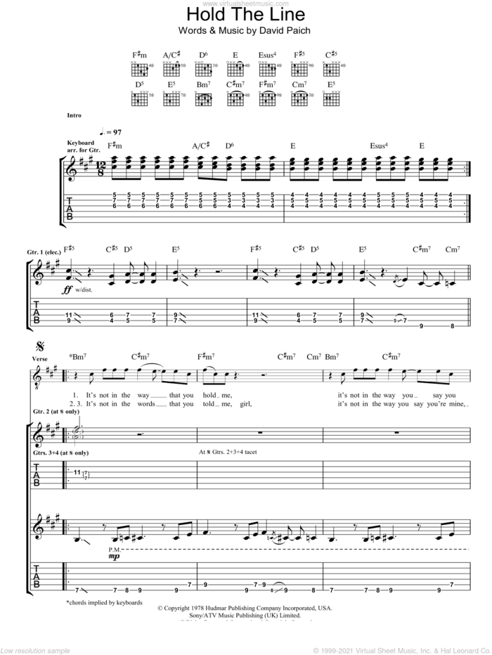 Hold The Line sheet music for guitar (tablature) by Toto and David Paich, intermediate skill level