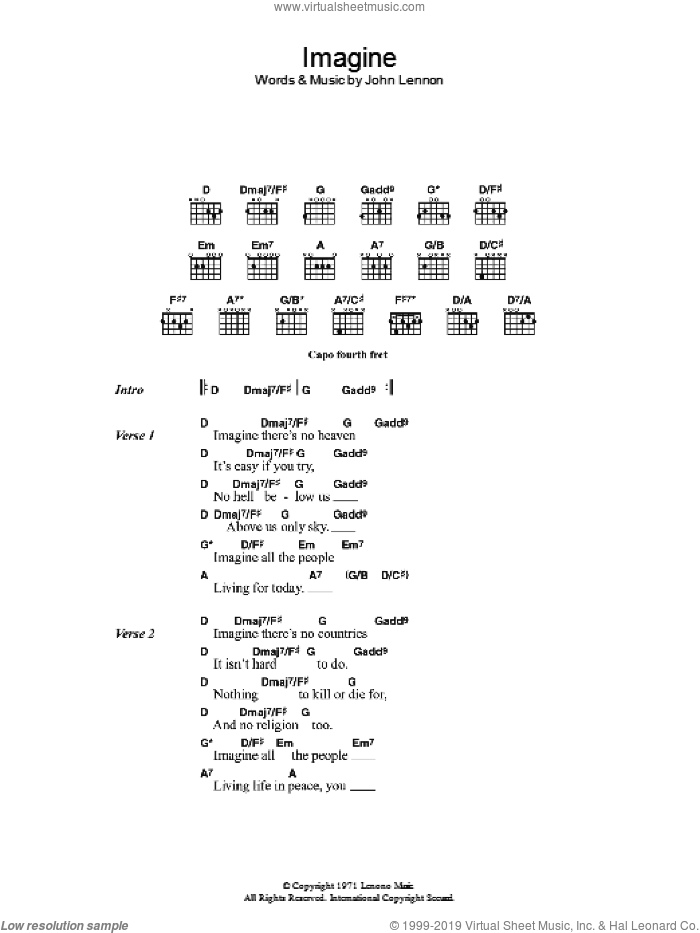 Imagine sheet music for guitar (chords) by Eva Cassidy and John Lennon, intermediate skill level