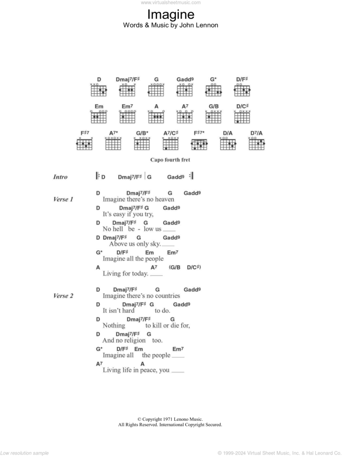 Imagine sheet music for guitar (chords) by Eva Cassidy and John Lennon, intermediate skill level