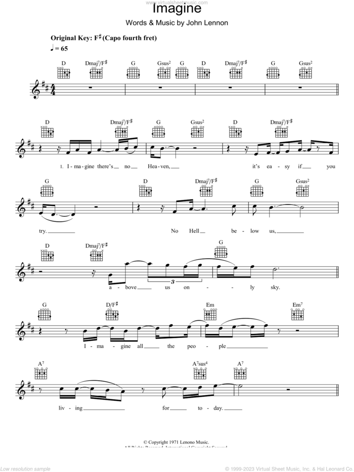 Imagine sheet music for voice and other instruments (fake book) by Eva Cassidy and John Lennon, intermediate skill level