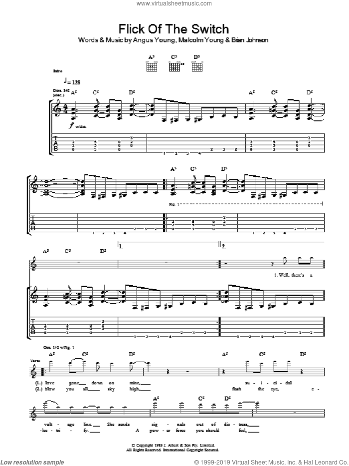 Flick Of The Switch sheet music for guitar (tablature) by AC/DC, Angus Young, Brian Johnson and Malcolm Young, intermediate skill level