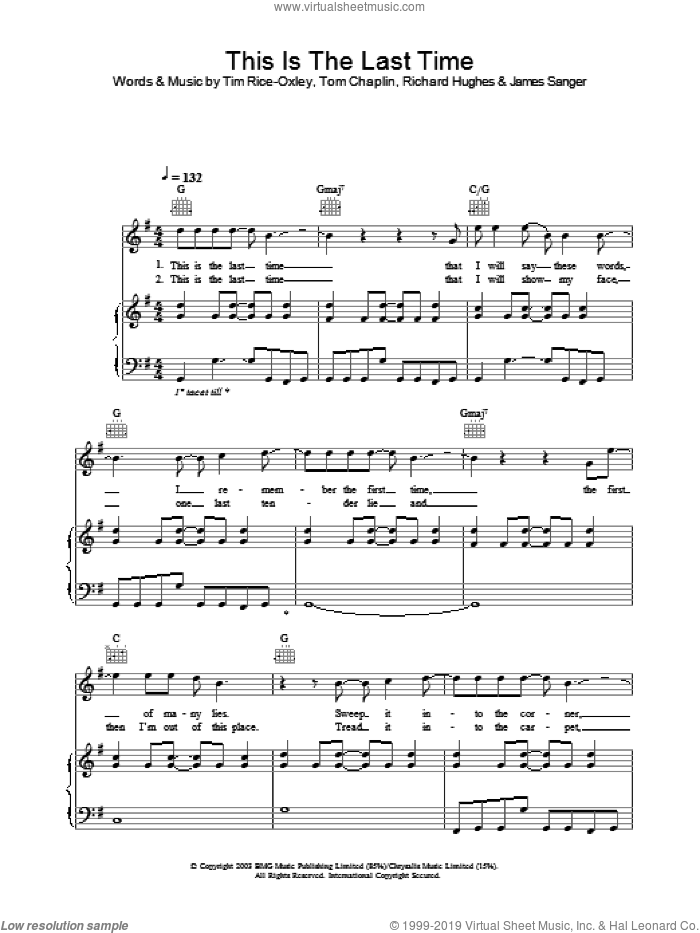 This Is The Last Time sheet music for voice, piano or guitar by Tim Rice-Oxley, intermediate skill level