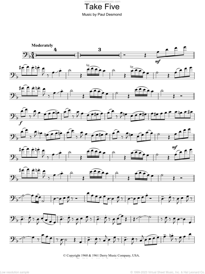 Take Five sheet music for trombone solo by Dave Brubeck and Paul Desmond, intermediate skill level