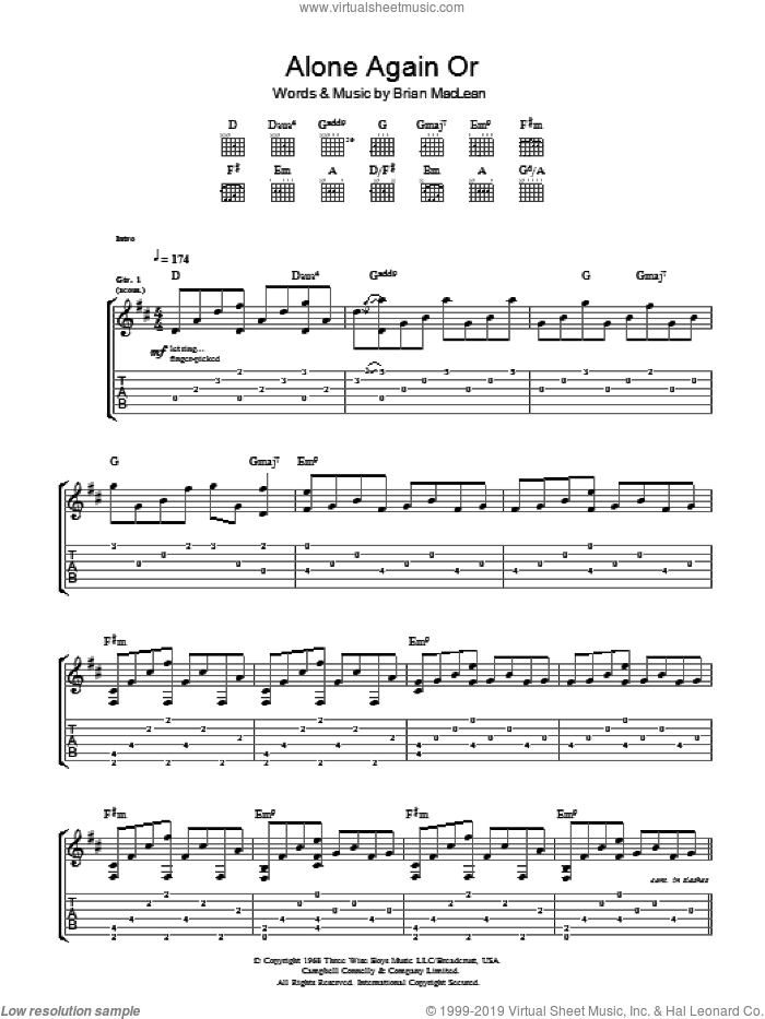 Alone Again Or sheet music for guitar (tablature) by Love and Brian MacLean, intermediate skill level