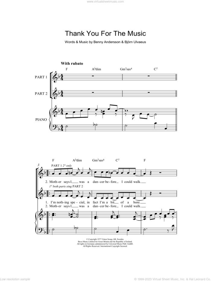 Thank You For The Music (arr. Rick Hein) sheet music for choir (2-Part) by ABBA, Rick Hein, Benny Andersson, Bjorn Ulvaeus and Miscellaneous, intermediate duet