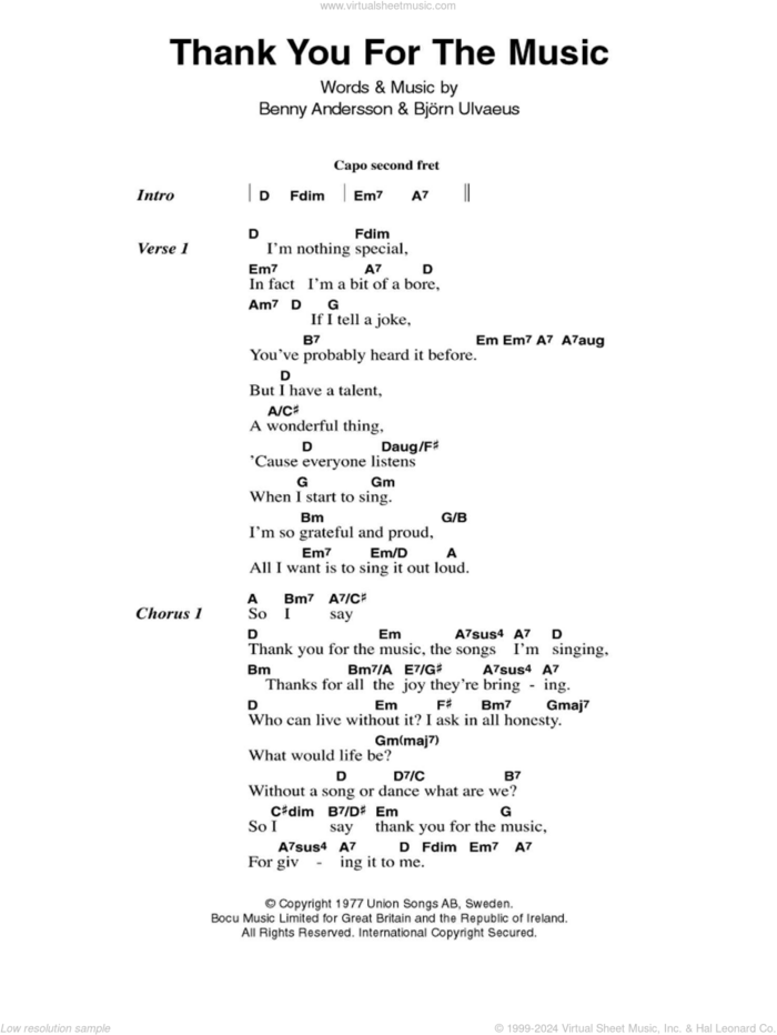 Thank You For The Music sheet music for guitar (chords) by ABBA, Benny Andersson, Bjorn Ulvaeus and Miscellaneous, intermediate skill level