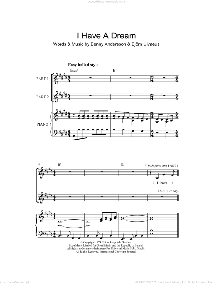 I Have A Dream (arr. Rick Hein) sheet music for choir (2-Part) by ABBA, Rick Hein, Benny Andersson and Bjorn Ulvaeus, intermediate duet
