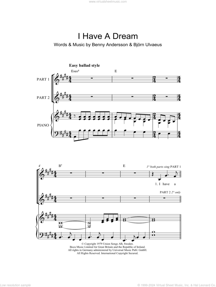 I Have A Dream (arr. Rick Hein) sheet music for choir (2-Part) by ABBA, Rick Hein, Benny Andersson and Bjorn Ulvaeus, intermediate duet