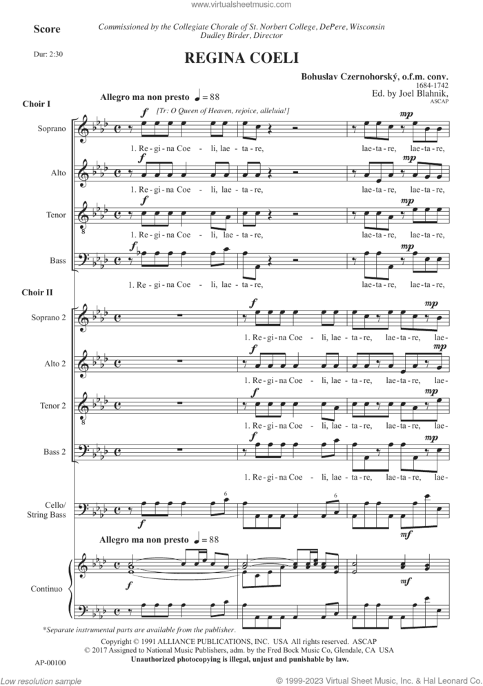 Regina Coeli sheet music for choir (SATB: soprano, alto, tenor, bass) by Joel Blahnik and Bohuslav Czernohorsky, intermediate skill level